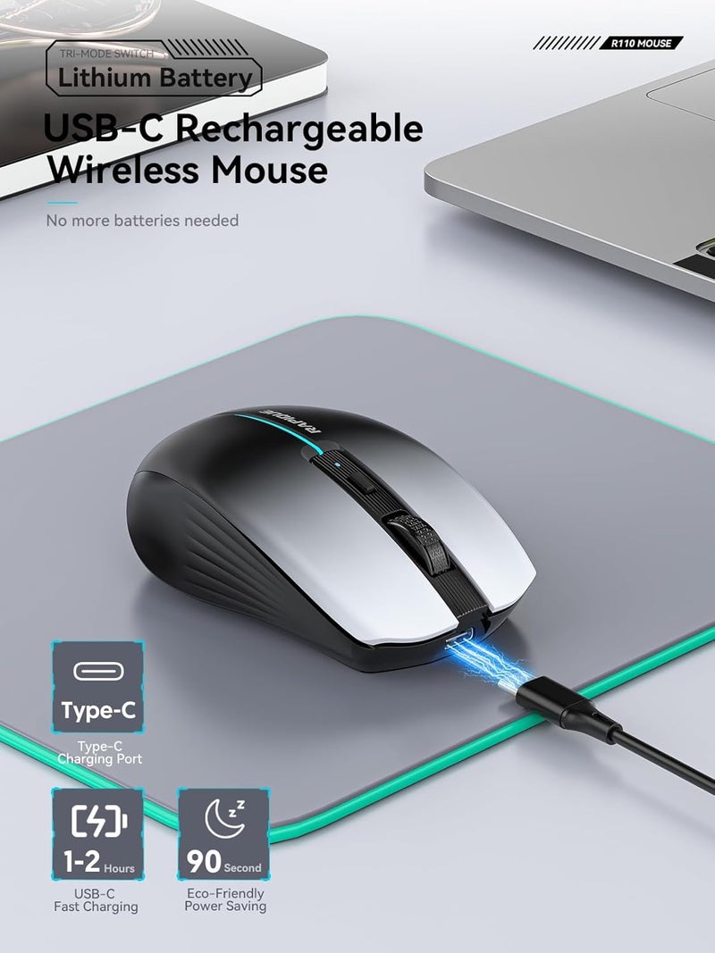RAPIQUE Bluetooth Wireless Mouse – White to Black Gradient, Dual Bluetooth 5.1 & 2.4G Connectivity, Silent Click, Rechargeable, Ergonomic 6-Button for Windows/MacOS/Android/Laptop/MacBook/iPad - Image 5